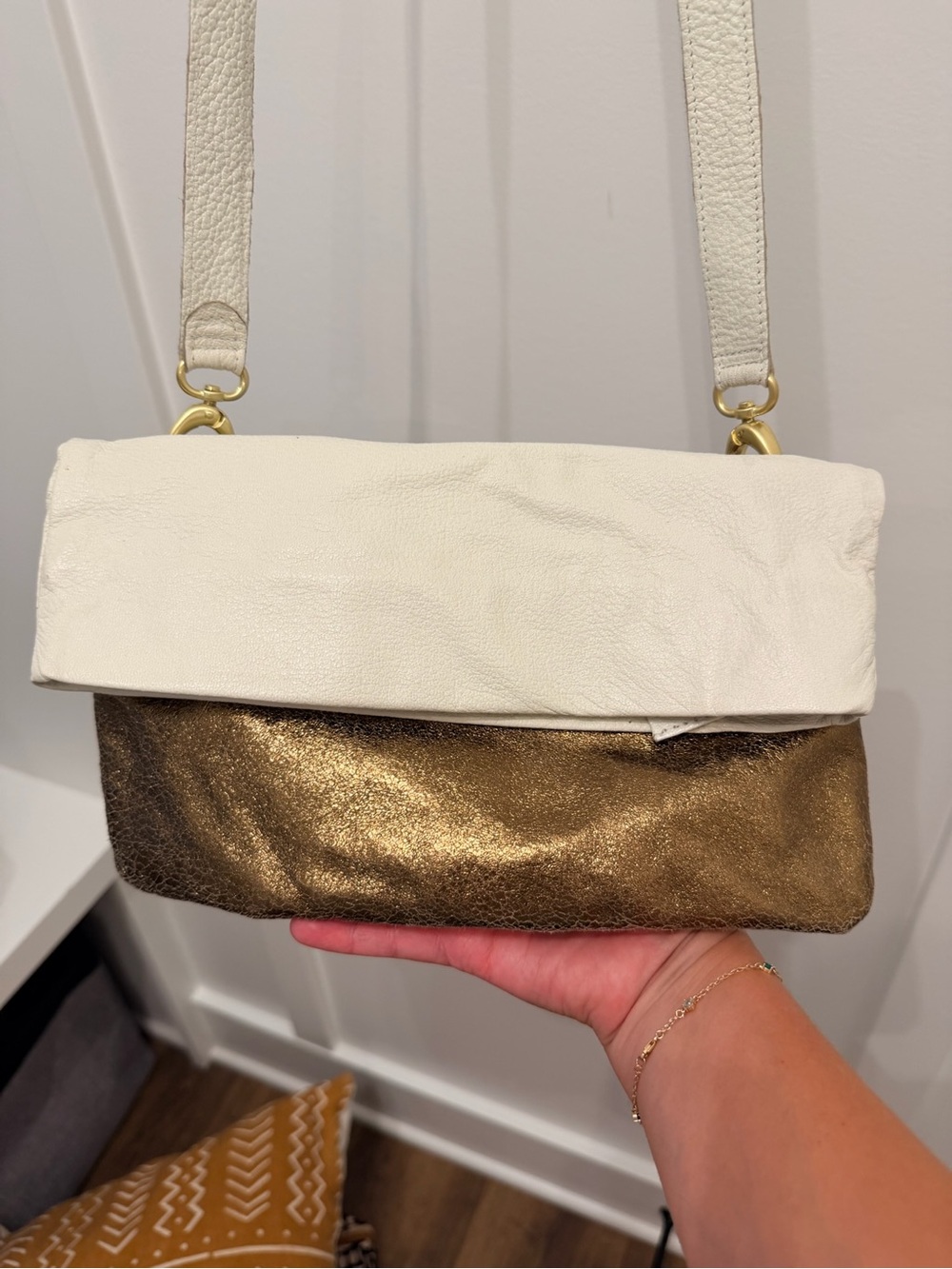 Vintage Sseko White and Gold Fold-Over Leather Crossbody Bag